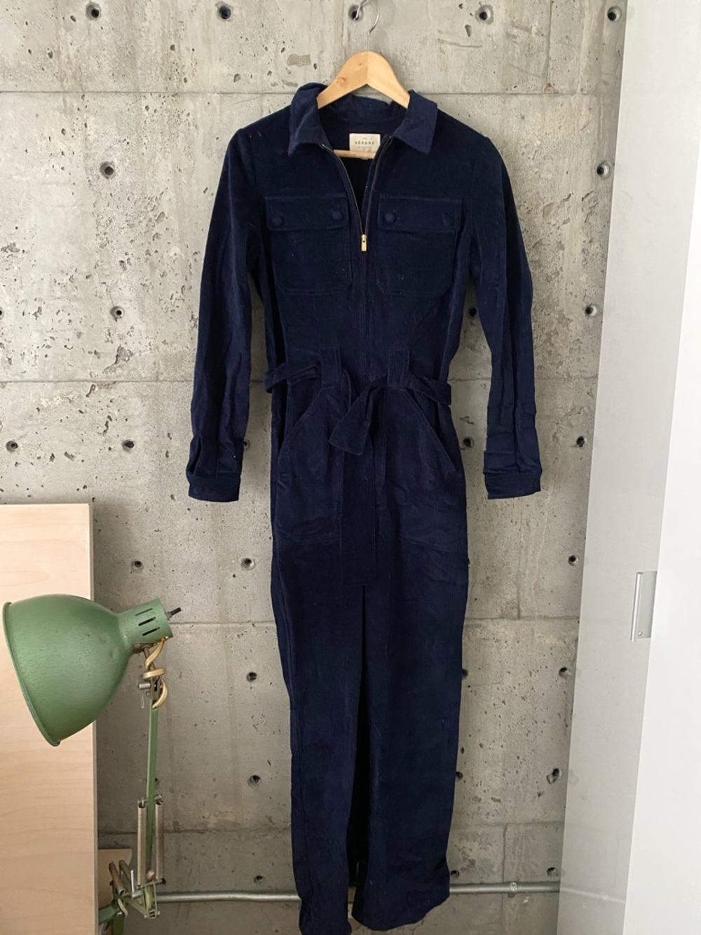 Sezane Navy Corduroy Straight-Leg Jumpsuit